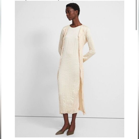 Theory Satin Long Slim Crinkle Cardigan Cream Small Never Worn Lightweight - Picture 5 of 15